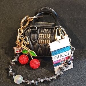 Mini Quilted Keychain Charm Purse with Cherry Charms